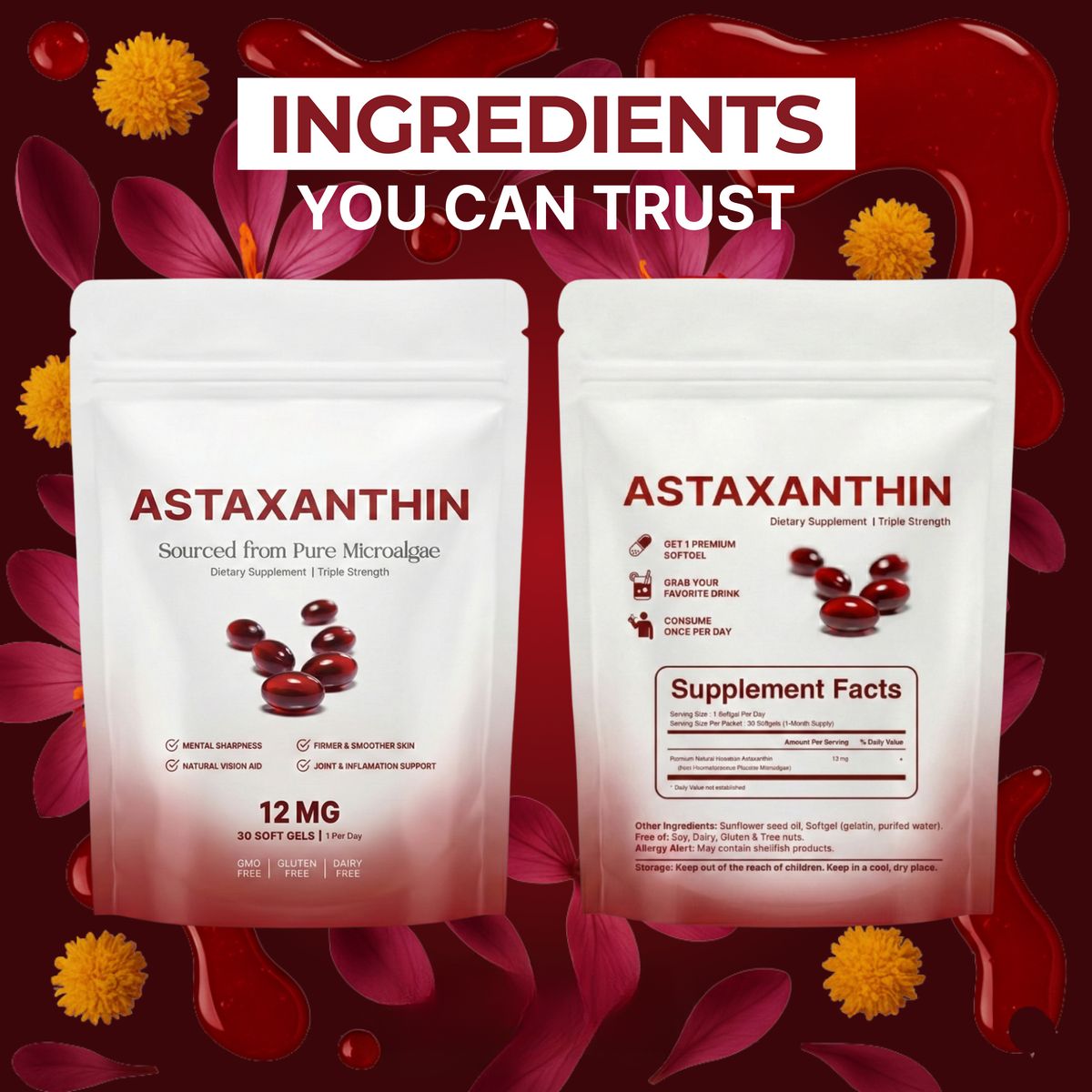 Astaxanthin 12mg Softgels – Full Body & Brain Cellular Protection For Healthy Ageing