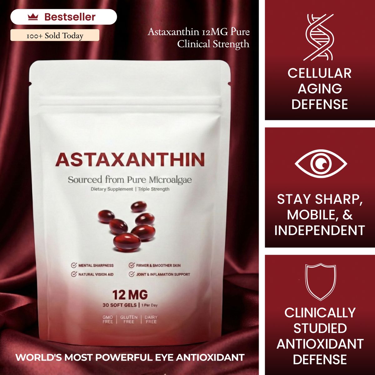 Astaxanthin 12mg Softgels – Full Body & Brain Cellular Protection For Healthy Ageing