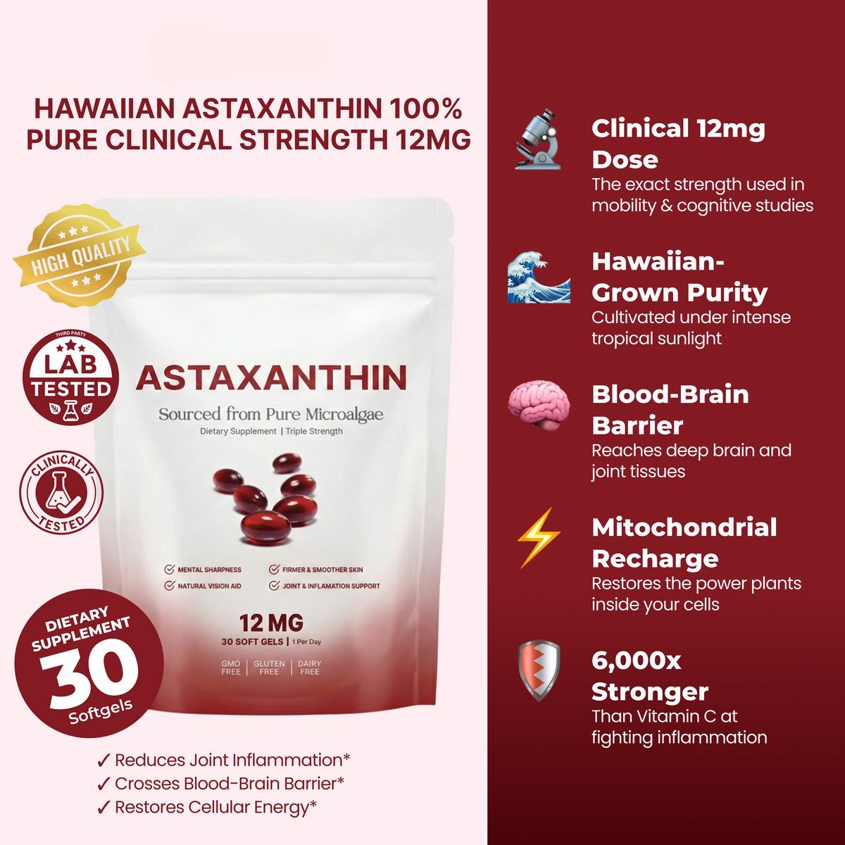 Astaxanthin 12mg Softgels – Full Body & Brain Cellular Protection For Healthy Ageing